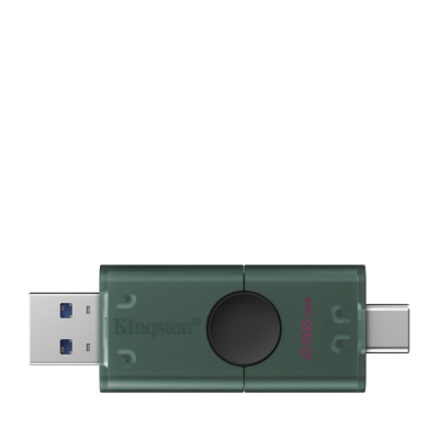 Pamięć flash Kingston Data Traveler DuoG2 w kolorze ciemnej zieleni z wysuniętymi złączami USB-A oraz USB-C po przeciwnych stronach obudowy.