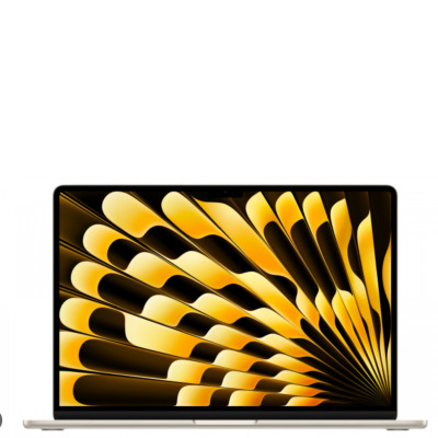 Apple MacBook Air 15 z czipem M4 w kolorze księżycowa poświata, widok od frontu na otwartą klapę z abstrakcyjną, złotą tapetą na wyświetlaczu.