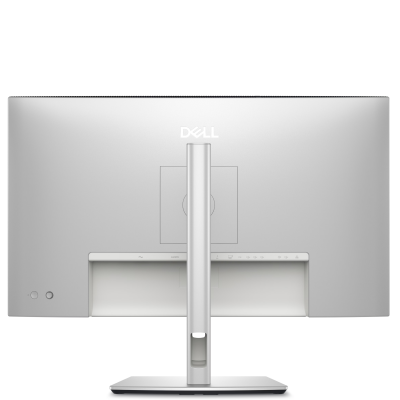 Monitor Dell U2725QE 27 cali z ekranem 4K na srebrnej podstawie, prezentujący panoramiczny widok na panoramę Szanghaju o zachodzie słońca, ujęcie od frontu.