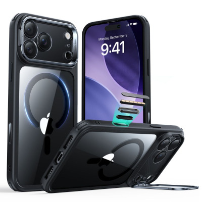 Czarne etui ESR Classic Hybrid z podstawką MagSafe do iPhone 17 Pro Max, prezentujące przezroczyste plecki, wyspę aparatów oraz rozłożoną podpórkę w rogu.