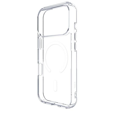 Przezroczyste etui JCPal DualPro MagSafe do iPhone 17 Pro, ukazane w widoku izometrycznym z widocznym pierścieniem magnetycznym oraz wycięciem na aparat.