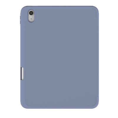 Fioletowe etui JCPAL DuraPro do iPada 10,9 2022/11, widok na tylną część z wycięciem na aparat oraz bocznym otworem na rysik Apple Pencil.