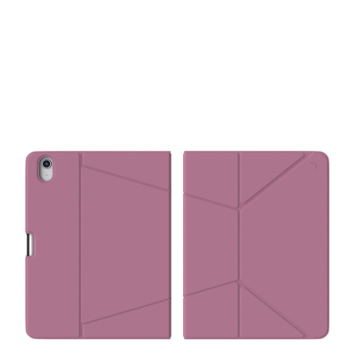 Liliowe etui JCPAL SlimFlex do iPad 10,9 2022 i 11, prezentujące widok na tył z wycięciem na aparat oraz przednią składaną klapkę o geometrycznym wzorze.