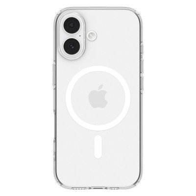 Przezroczyste etui Spigen Liquid Crystal MagSafe do iPhone 17 z widocznym pierścieniem magnetycznym, wyspą aparatów oraz telefonem w ujęciu izometrycznym.