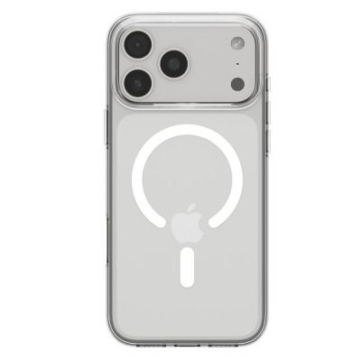 Przezroczyste etui Spigen Liquid Crystal MagSafe do iPhone 17 Pro z widocznym pierścieniem magnetycznym na pleckach oraz wycięciem na wyspę aparatów.