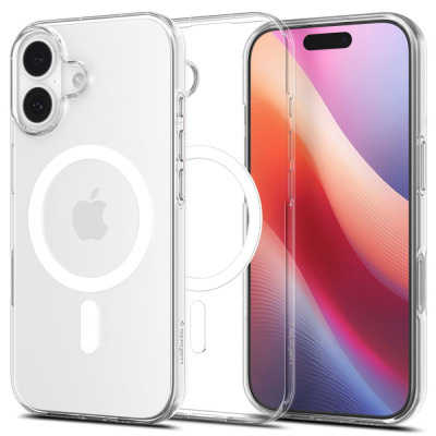 Przezroczyste etui Spigen Liquid Crystal MagSafe do iPhone 17 z widocznym pierścieniem magnetycznym, wyspą aparatów oraz telefonem w ujęciu izometrycznym.