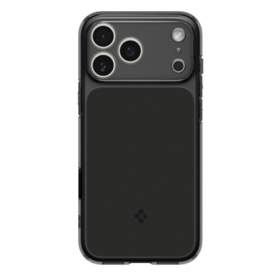 Czarne etui Spigen Ultra Hybrid MagSafe do iPhone 17 Pro Max, ukazujące tył z wyspą aparatów oraz telefon z widocznym ekranem i logotypem marki na obudowie.