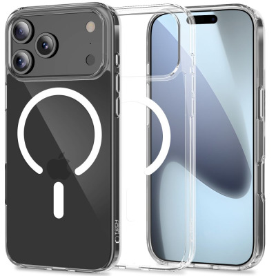 Przezroczyste etui Tech-Protect Flexair Hybrid MagSafe do iPhone 17 Pro z widocznym pierścieniem magnetycznym na pleckach oraz wycięciem na trzy aparaty.
