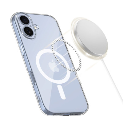 Przezroczyste etui Tech-Protect Flexair MagSafe do iPhone 17 z widocznym pierścieniem magnetycznym, ukazujące tył obudowy z aparatami oraz front telefonu.