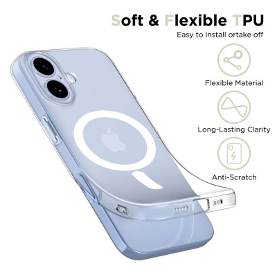 Przezroczyste etui Tech-Protect Flexair MagSafe do iPhone 17 z widocznym pierścieniem magnetycznym, prezentujące elastyczny materiał TPU i wyspę aparatów.