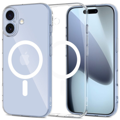 Przezroczyste etui Tech-Protect Flexair MagSafe do iPhone 17 z widocznym pierścieniem magnetycznym, ukazujące tył obudowy z aparatami oraz front telefonu.