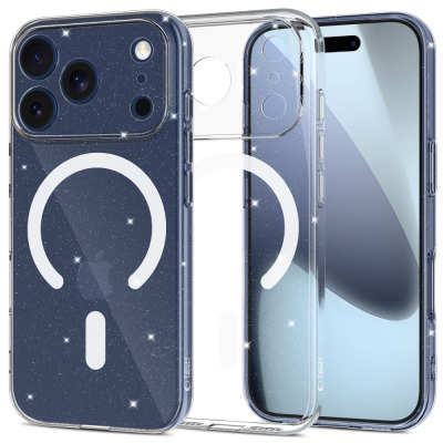 Przezroczyste etui Tech-Protect Flexair MagSafe z brokatem do iPhone 17 Pro, ukazujące wyspę aparatów, pierścień magnetyczny oraz logo producenta na obudowie.
