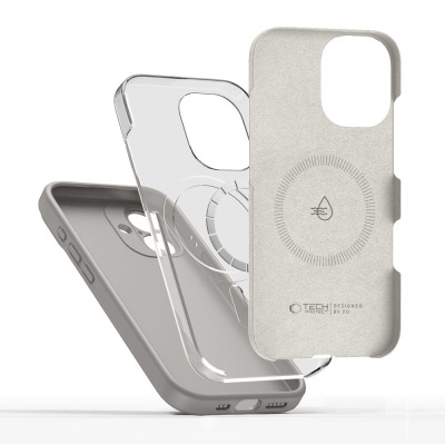 Silikonowe etui Tech-Protect MagSafe w kolorze stone grey do iPhone 17, widok na zewnętrzną stronę z ładowarką oraz wnętrze z logo Tech-Protect i ikoną wody.