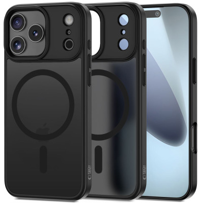 Matowe czarne etui Tech-Protect z pierścieniem MagSafe do iPhone 17 Pro Max, ukazujące tył z wyspą aparatów oraz profil z widocznym ekranem urządzenia.