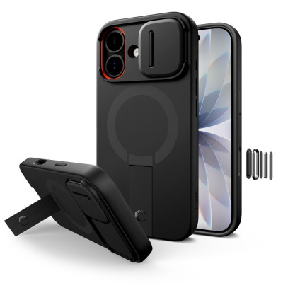 Czarne etui Tech-Protect Kevlar Aura MagSafe do iPhone 17 z przesuwną osłoną aparatu i wbudowaną podstawką, widoczne w ujęciu z przodu oraz w profilu.