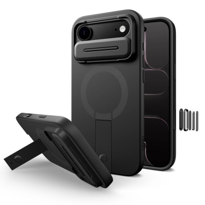 Czarne etui Tech-Protect Kevlar Aura MagSafe do iPhone 17 Air z rozkładaną podstawką, widoczne w trzech ujęciach z wyspą aparatów i zestawem wymiennych ramek.