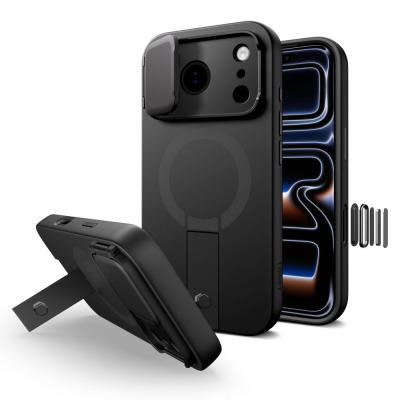Czarne etui Tech-Protect Kevlar Aura MagSafe do iPhone 17 Pro Max z rozkładaną podstawką, przesuwną osłoną aparatu oraz wymiennymi przyciskami bocznymi.