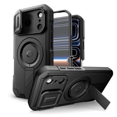Czarne etui Tech-Protect Kevlar MagSafe do iPhone 17 Pro Max z przesuwną osłoną aparatu, widoczne w dwóch ujęciach z rozłożoną podstawką i ramką montażową.