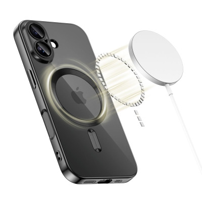 Czarne etui Tech-Protect Magflex z pierścieniem MagSafe do iPhone 17, prezentowane w rozłożeniu na trzy elementy ukazujące tył, ramkę oraz przód urządzenia.