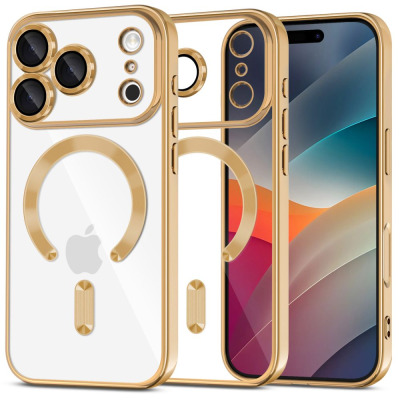 Złote etui Tech-Protect Magflex z pierścieniem MagSafe do iPhone 17 Pro Max, ukazujące przezroczyste plecki, wyspę aparatów oraz widok na przód telefonu.