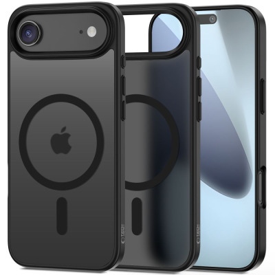 Matowe czarne etui Tech-Protect MagMat z pierścieniem MagSafe do iPhone 17 Air, ukazujące tył z wycięciem na aparat oraz profil z widocznymi przyciskami.