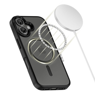Matowe czarne etui Tech-Protect MagMat z systemem MagSafe do iPhone 17, prezentujące tył z wyspą aparatów oraz widok smartfona z przodu z logo Tech-Protect.