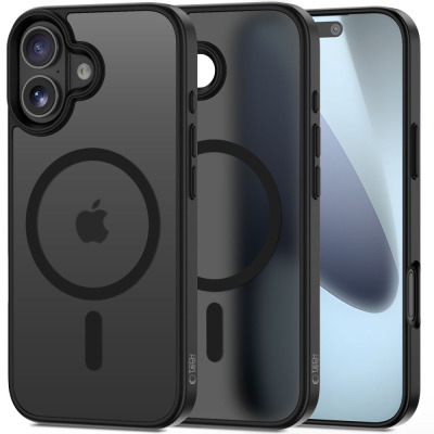 Matowe czarne etui Tech-Protect MagMat z systemem MagSafe do iPhone 17, prezentujące tył z wyspą aparatów oraz widok smartfona z przodu z logo Tech-Protect.