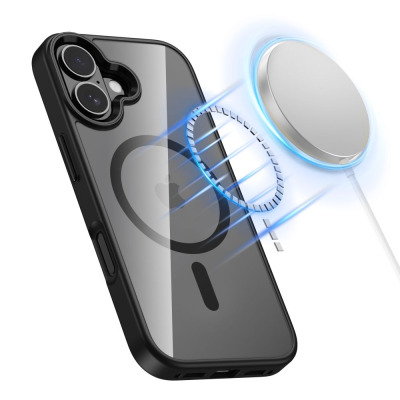 Czarne etui Tech-Protect MagMat MagSafe do iPhone 17 z przezroczystymi pleckami, widocznym pierścieniem magnetycznym oraz wycięciem na wyspę aparatów.