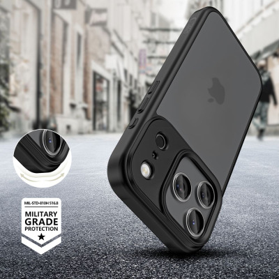 Czarne etui Tech-Protect MagMat do iPhone 17 Pro z przezroczystymi pleckami, widoczne z tyłu oraz z przodu z aktywnym ekranem i logo marki na obudowie.