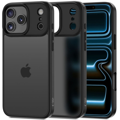 Czarne etui Tech-Protect MagMat MagSafe do iPhone 17 Pro Max, ukazujące matowe plecki z logo Apple, wyspę aparatów oraz widok telefonu od frontu i boku.