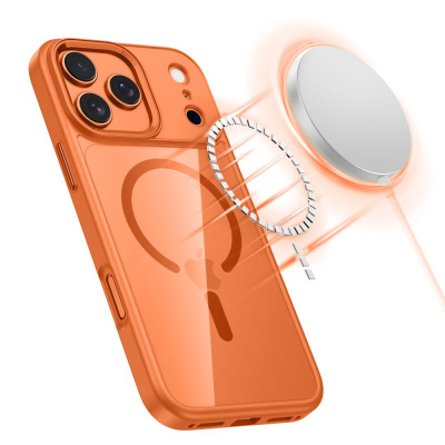 Pomarańczowe etui Tech-Protect MagMat MagSafe do iPhone 17 Pro Max z widocznym pierścieniem magnetycznym oraz wycięciem na potrójny aparat, widok z tyłu.