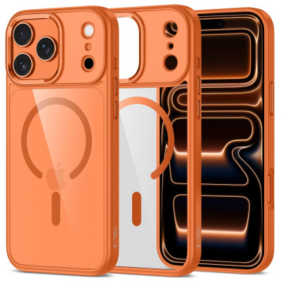Pomarańczowe etui Tech-Protect MagMat MagSafe do iPhone 17 Pro Max z widocznym pierścieniem magnetycznym oraz wycięciem na potrójny aparat, widok z tyłu.