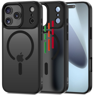 Czarne etui Tech-Protect MagMat XT z MagSafe do iPhone 17 Pro Max, prezentujące tył z wyspą aparatów oraz widok telefonu z przodu z logo Tech-Protect.