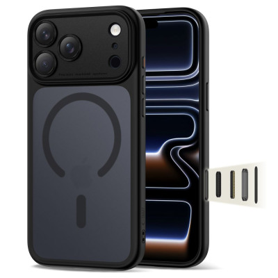 Czarne etui Tech-Protect Magpeak CC z MagSafe do iPhone 17 Pro Max, ukazujące wyspę aparatów z napisem Precision machined apertures oraz boczne przyciski.