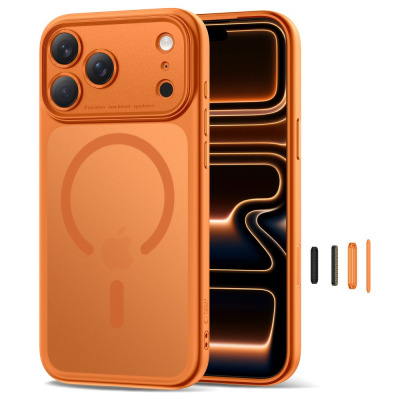 Pomarańczowe etui Tech-Protect Magpeak CC z MagSafe do iPhone 17 Pro, ukazujące wyspę aparatów z napisem Precision machined apertures oraz wymienne przyciski.