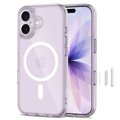 Przezroczyste etui Tech-Protect Magpeak CC z MagSafe do iPhone 17, prezentujące wyspę aparatów, logo Apple oraz odpiętą podstawkę na prawym boku obudowy.