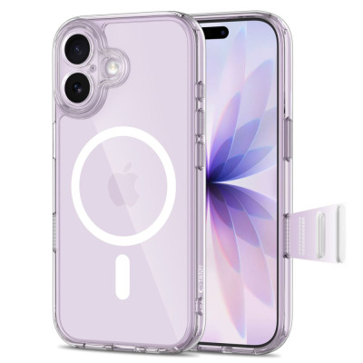 Przezroczyste etui Tech-Protect Magpeak CC z MagSafe do iPhone 17, prezentujące wyspę aparatów, logo Apple oraz odpiętą podstawkę na prawym boku obudowy.
