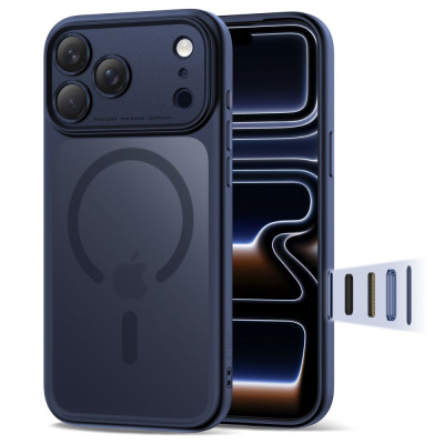 Granatowe etui Tech-Protect Magpeak CC MagSafe do iPhone 17 Pro Max z widoczną wyspą aparatów, napisem Precision machined apertures i wymiennymi przyciskami.