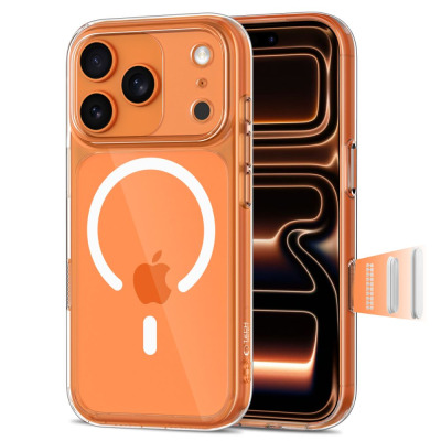 Pomarańczowe etui Tech-Protect Magpeak CC z MagSafe do iPhone 17 Pro, ukazujące przezroczystą konstrukcję z wyspą aparatów oraz wysuniętą boczną zaślepkę.