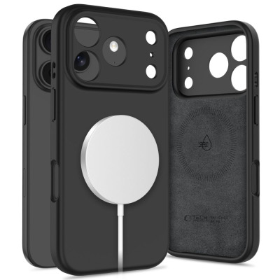 Czarne etui silikonowe Tech-Protect do iPhone 17 Pro z magnetycznym pierścieniem MagSafe, widok na tył z wyspą aparatów oraz wnętrze z logo marki.