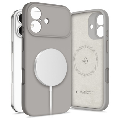 Silikonowe etui Tech-Protect MagSafe w kolorze stone grey do iPhone 17, widok na zewnętrzną stronę z ładowarką oraz wnętrze z logo Tech-Protect i ikoną wody.