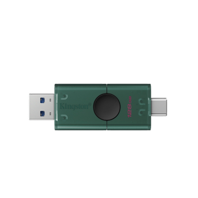Pamięć flash Kingston Data Traveler DuoG2 z dwoma złączami, widoczna z boku w obudowie o zielonym odcieniu z czarnym mechanizmem obrotowym i logo marki.