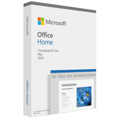 Pudełko z oprogramowaniem Microsoft Office 2024 Home dla PC lub Mac, prezentujące logo producenta oraz podgląd interfejsu aplikacji z motywem niebieskich