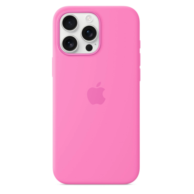Różowe silikonowe etui Apple MagSafe do iPhone 16 Pro Max z widoczną wyspą aparatów, logo Apple na środku oraz wycięciami na obiektywy i lampę błyskową.