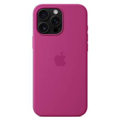 Fuksjowe etui silikonowe Apple MagSafe do iPhone 16 Pro z widocznym logo Apple na środku oraz wycięciem na potrójny aparat z charakterystyczną wyspą.