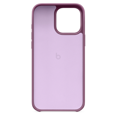 Fioletowe etui Beats z wbudowanym pierścieniem MagSafe do iPhone 16 Pro Max, ukazujące tylny panel z wycięciem na potrójny aparat oraz charakterystyczną wyspę.