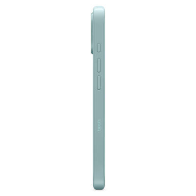 Boczny profil etui Beats MagSafe w kolorze niebieska fala do iPhone 16 Pro z widocznymi przyciskami funkcyjnymi oraz nadrukowanym logo marki na krawędzi.