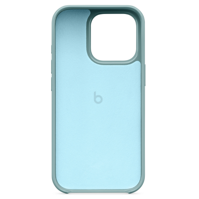 Etui Beats MagSafe w kolorze niebieska fala do iPhone 16 Pro, widok na tylną część obudowy z charakterystycznym okręgiem ładowania i wyspą trzech aparatów.