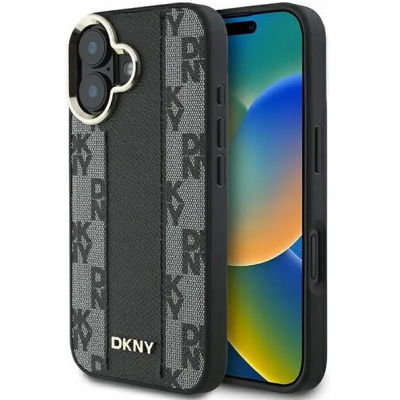 Czarne etui DKNY w szachownicę do iPhone 16 z widoczną złotą ramką wokół wyspy aparatów oraz logotypem marki na dolnej części plecków akcesorium.