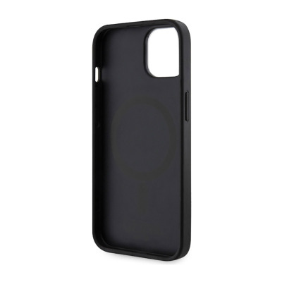 Czarne etui Guess 4G do iPhone 14 z wbudowanym pierścieniem MagSafe, ukazane od wewnętrznej strony z wycięciem na wyspę aparatów i bocznymi przyciskami.